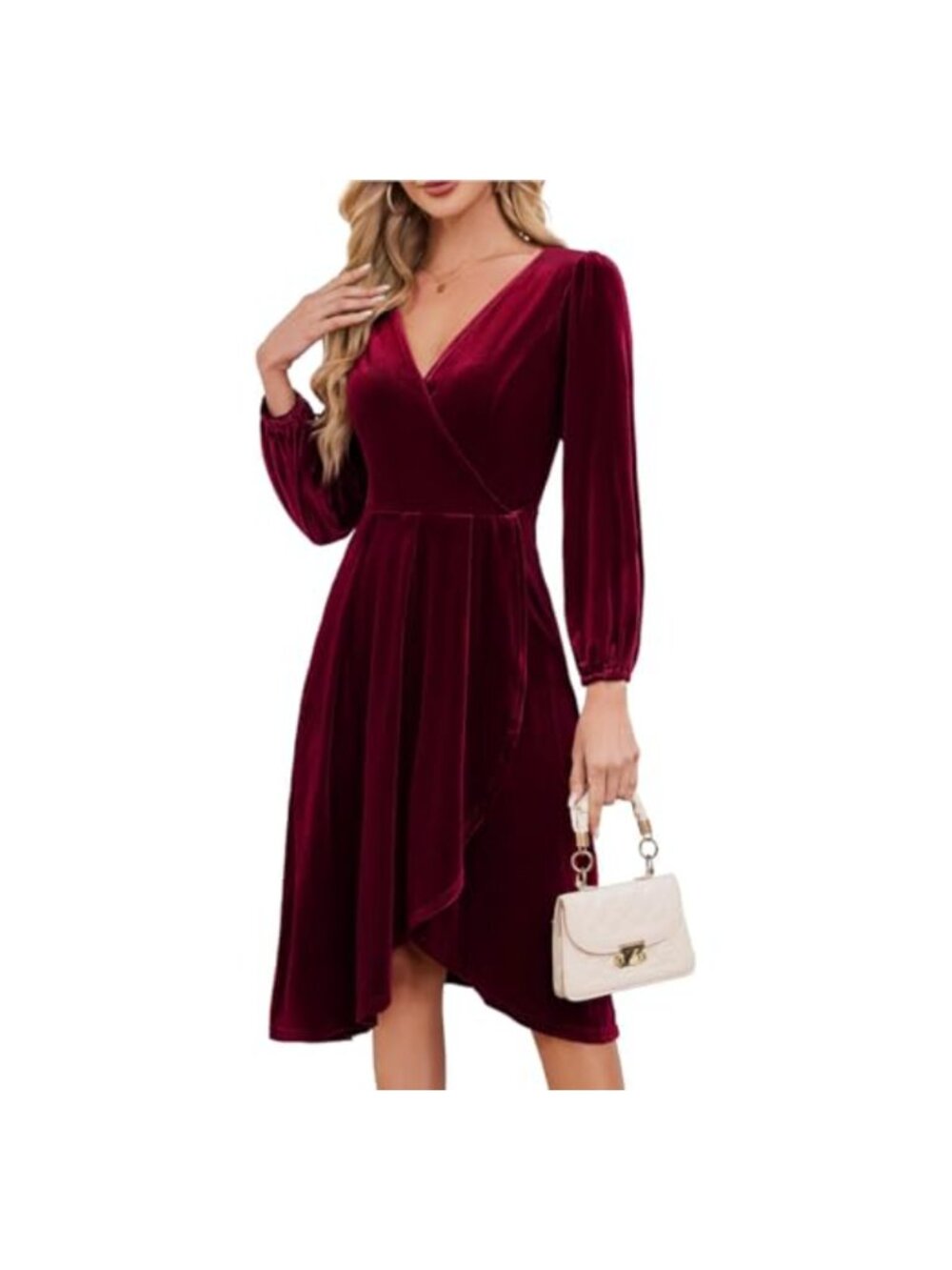 Lynkiss Velvet Midi Dress Long Sleeve V Neck High Low Formal Cocktail Party